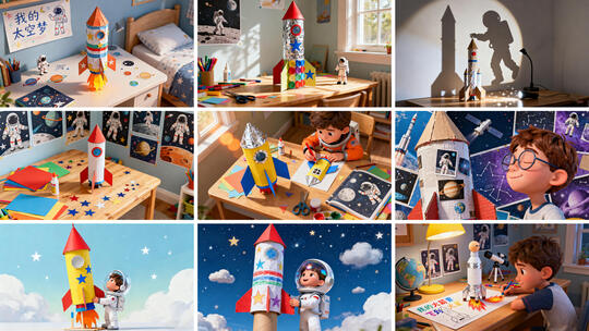 男孩的童年宇航员梦想 手工制作火箭模型