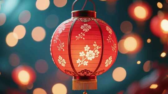 樱花枝头的中式传统红灯笼光影