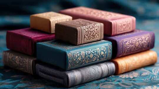 精美礼品盒堆叠展示古典纹饰与色彩搭配