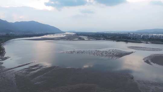 航拍闽江河口湿地小岛果园茉莉花田沙洲河汊