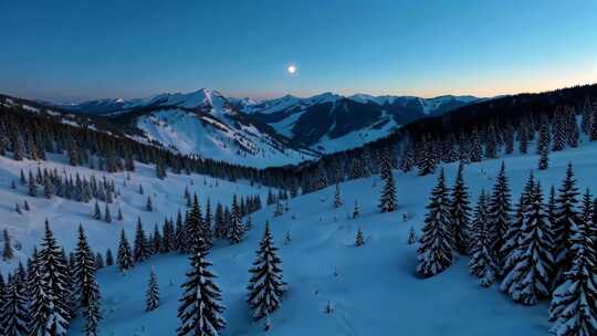 雪山松林月夜全景