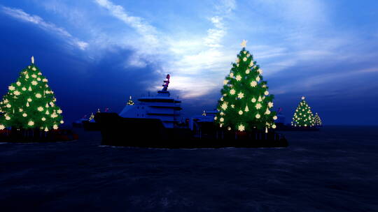 海上的多艘游艇拉着圣诞树