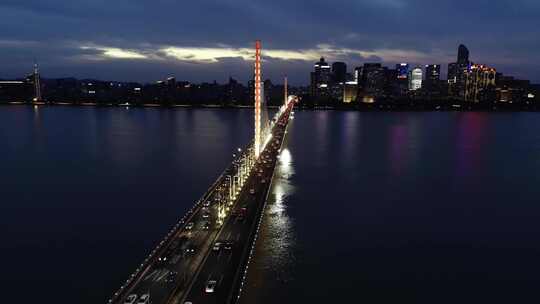 航拍杭州钱江三桥 西兴大桥夜景