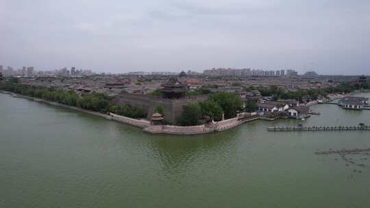 山东聊城中国水上古城古城墙角楼航拍视频素材模板下载