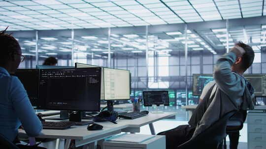 疲劳的管理员在服务器机房工作时伸展身体以