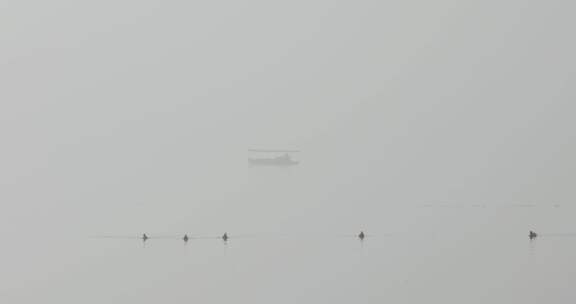 杭州西湖白堤初冬晨雾雾霾空镜