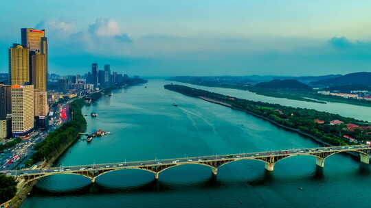 湖南长沙橘子洲头夕阳景点航拍延时摄影