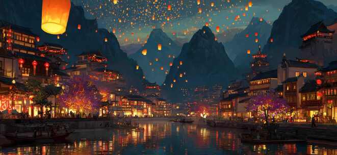 古风小镇夜景放孔明灯场景