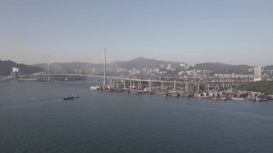 航拍香港黄昏海滨CBD发达现代港口桥梁