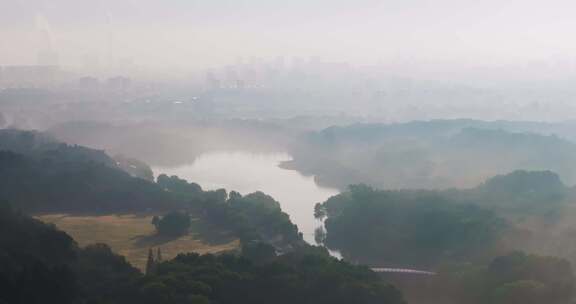 江苏省扬州市瘦西湖大明寺晨曦云雾风光航拍