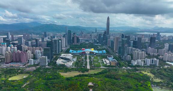 深圳市民中心中轴穿线航拍视频