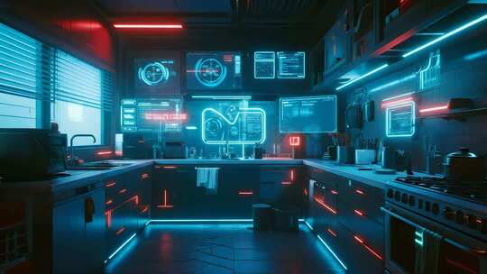 科技感赛博朋克未来厨房智能家居概念
