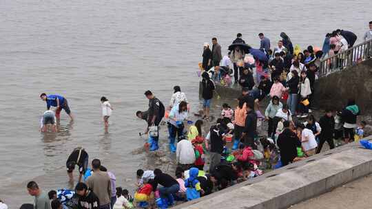 天津东疆公园五一赶海人群