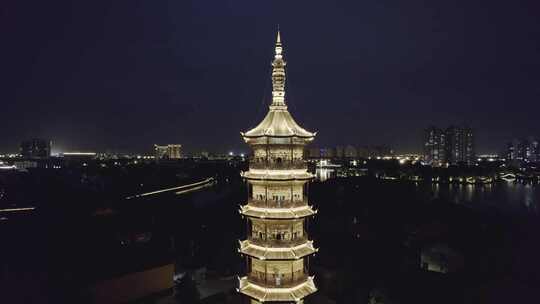 航拍平湖报本禅寺报本塔夜景风光