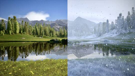森林湖泊景观季节变换延时摄影