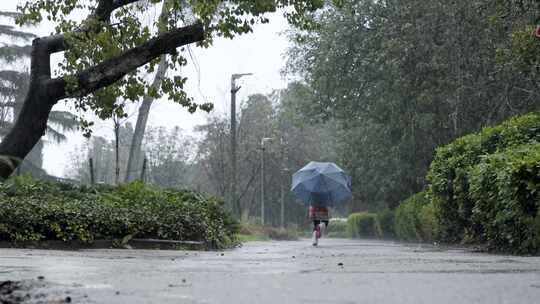 女孩拿着雨伞在雨中蹦蹦跳跳地走在街上