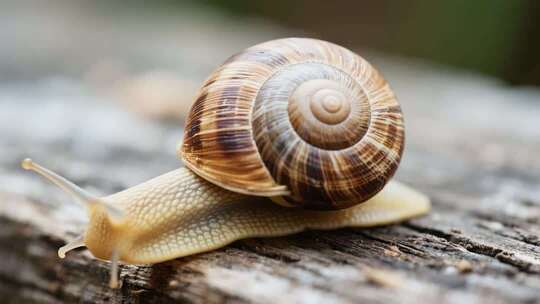 蜗牛在木头上爬行特写
