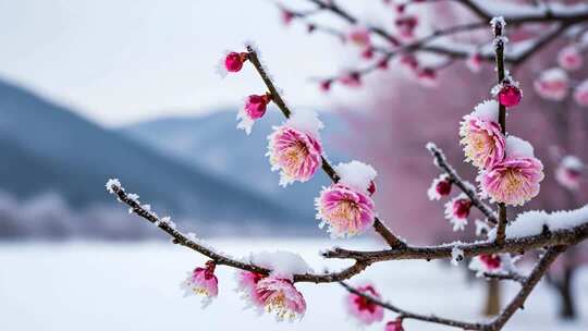 雪中绽放的梅花特写