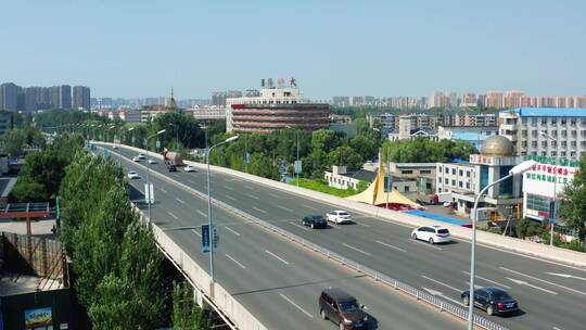 航拍沈阳三台子高速车流道路交通环城高速