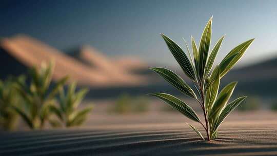沙漠中顽强生长的绿色植物象征希望