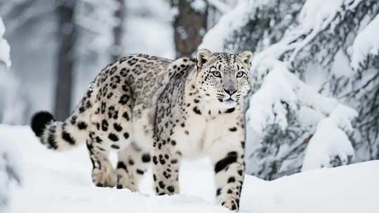 雪豹在雪地森林中行走
