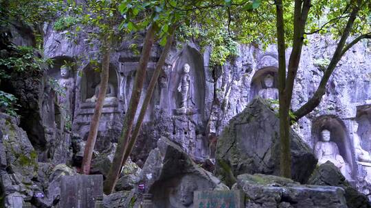 杭州西湖飞来峰塑像石窟群4K视频合集视频素材模板下载