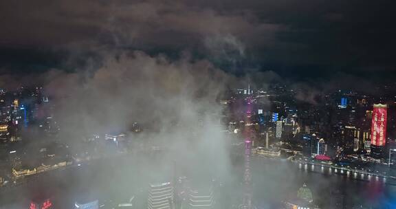 上海夏季平流雾夜景航拍