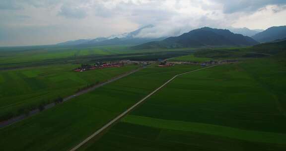 青海祁连山扁都沟麦田航拍风景