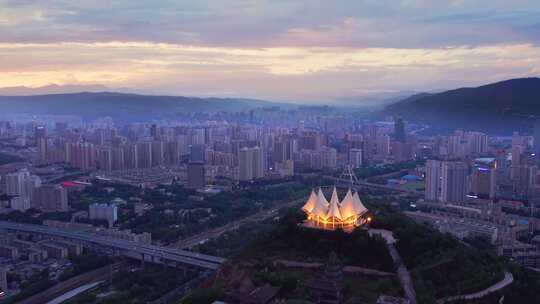 青海西宁晚霞夜景航拍