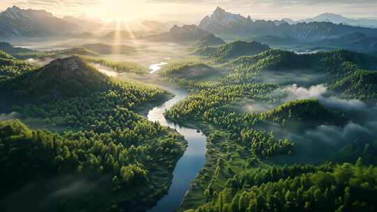 山林河流日出全景