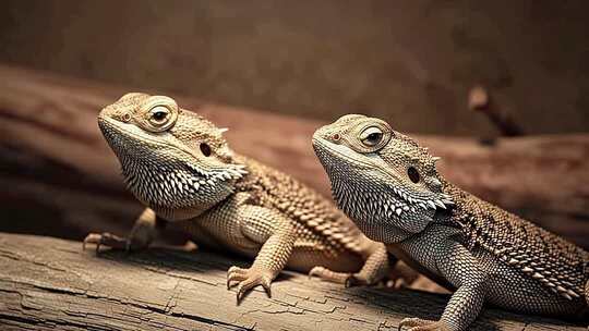两只蜥蜴趴于木头上