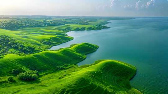 航拍绿色的绿色山川河流湖泊