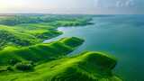 航拍绿色的绿色山川河流湖泊高清在线视频素材下载