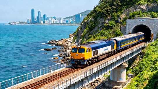 海边铁路火车驶出隧道画面