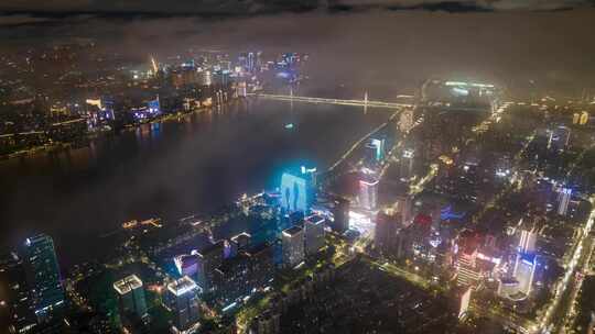 杭州钱塘江夜景穿云航拍