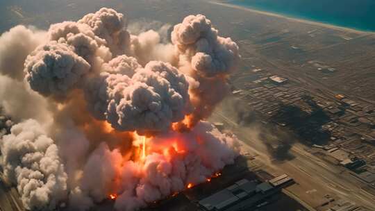 城市上空爆炸烟雾俯瞰画面