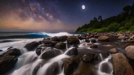 月夜下海边礁石与海浪景象