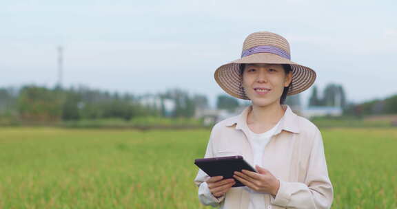 女农民稻田里拿着平板电脑