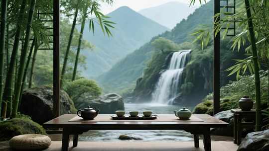 竹林瀑布旁的中式茶席