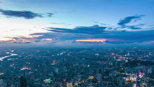 广州城市建筑群与夕阳晚霞彩云航拍延时风光