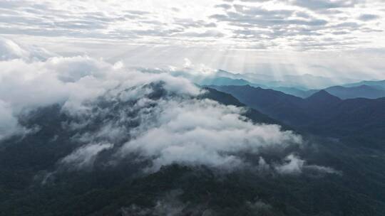 日出时分 高海拔山峰与平流雾