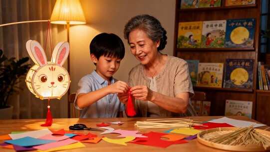 祖孙二人制作兔子灯笼