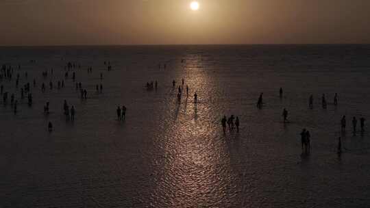 海面 滩涂 日出 朝霞 人群 海边 沙滩 航拍