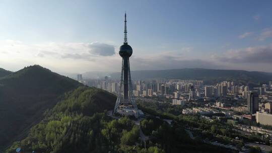青海西宁浦宁之珠电视塔地标建筑城市风光视频素材模板下载