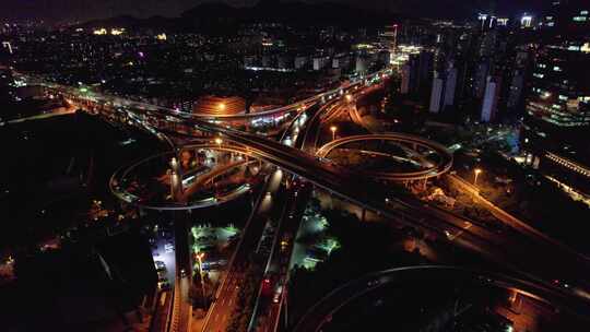 山东济南英雄山立交桥夜景车流航拍