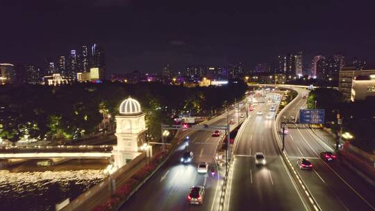 航拍广州人民桥夜景和车流