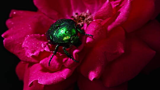 玫瑰上的绿色金龟子甲虫