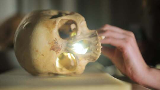 研究人员女性使用内窥镜相机检查人类头骨