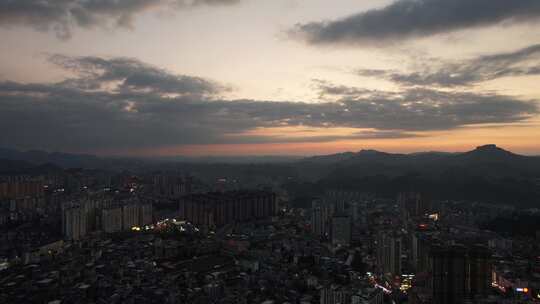 贵州黔东南凯里晚霞夜幕降临夜景航拍