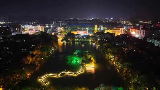 桂林两江四湖夜景日月双塔航拍